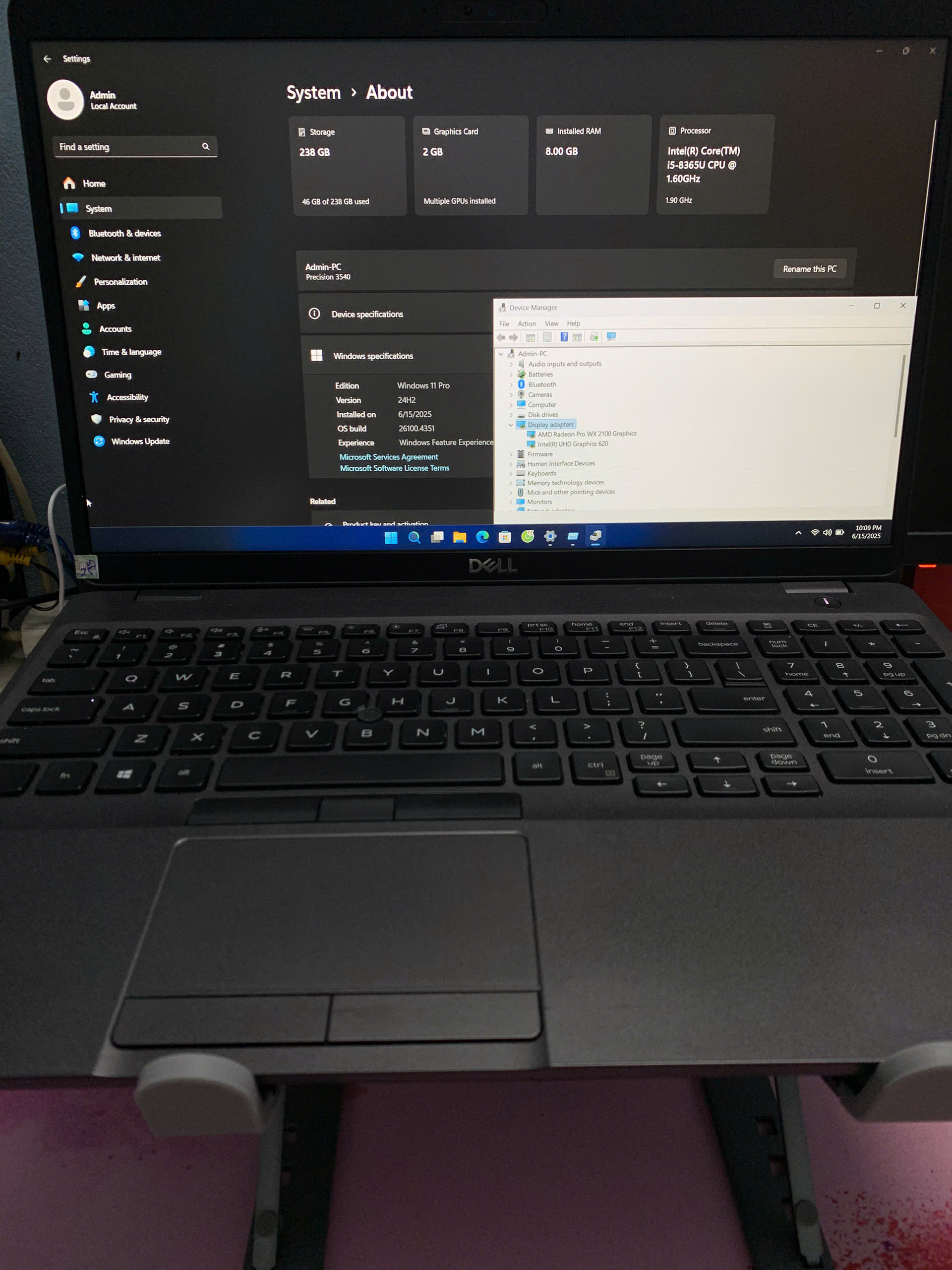 DELL Precision 3540 Cũ / CPU i5-8365U / RAM 8GB / SSD 256GB / GPU Radeon Pro WX 2100 2GB / WIFI 5 / Màn 16 inch FHD / Màu Đen Nhám - Ảnh 6